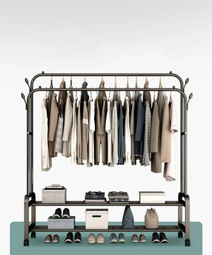 Heavy Duty Hanging Cloth Rack (48KG) – Double Rod Garment Stand with Wheels & Storage Shelf