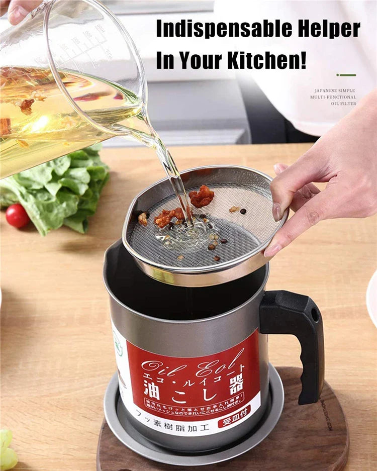 Stainless Steel Oil Pot 1.4L – Oil Strainer Container with Filter | Kitchen Oil Storage & Reuse Pot