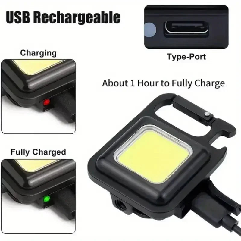Pack of 2 Mini Keychain COB LED Light – Rechargeable Pocket Flashlight with Bottle Opener & Stand