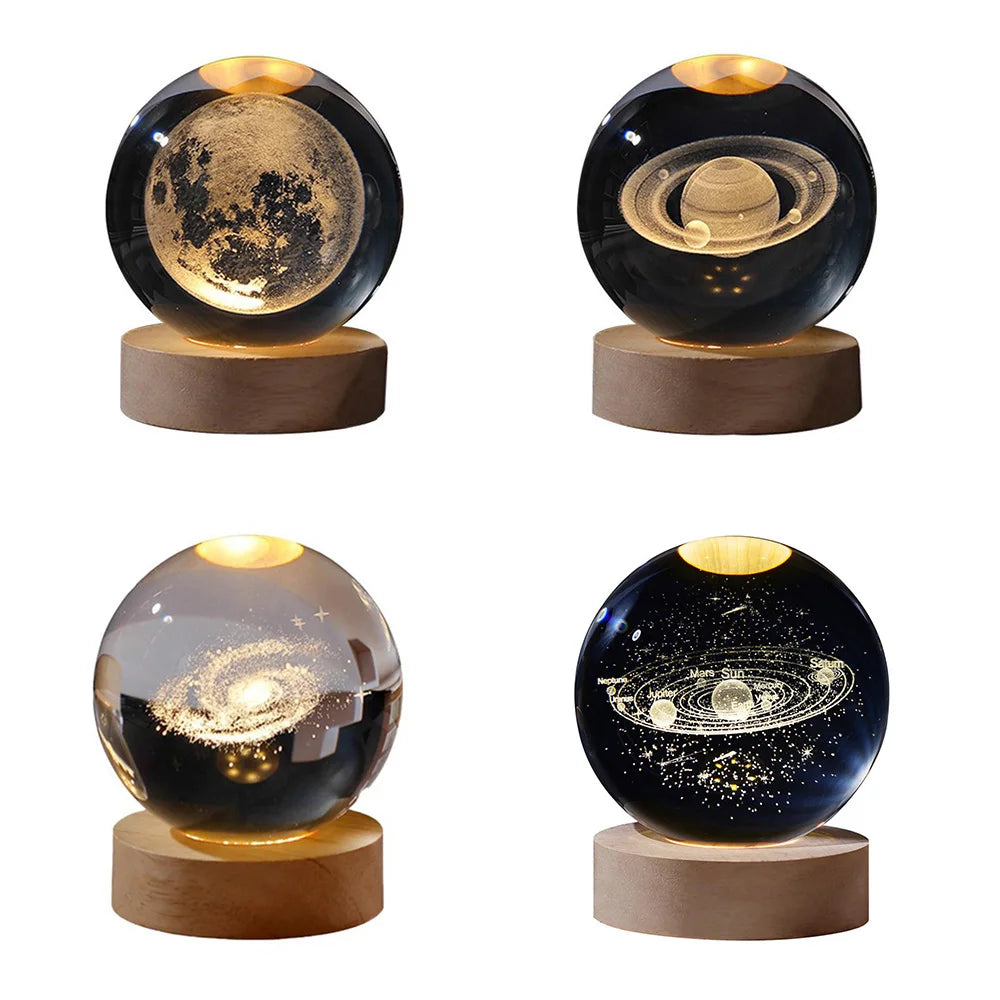 3D Galaxy Crystal Ball Lamp – LED Night Light | Solar System Glass Lamp with Wooden Base