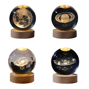 3D Galaxy Crystal Ball Lamp – LED Night Light | Solar System Glass Lamp with Wooden Base