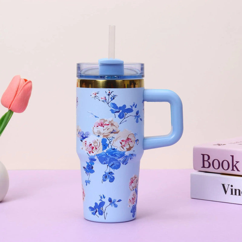 Floral Tumbler with Handle – Insulated Flower Design Cup with Straw