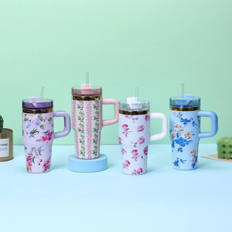 Floral Tumbler with Handle – Insulated Flower Design Cup with Straw