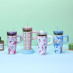 Floral Tumbler with Handle – Insulated Flower Design Cup with Straw