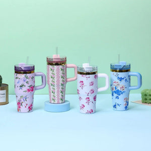 Floral Tumbler with Handle – Insulated Flower Design Cup with Straw