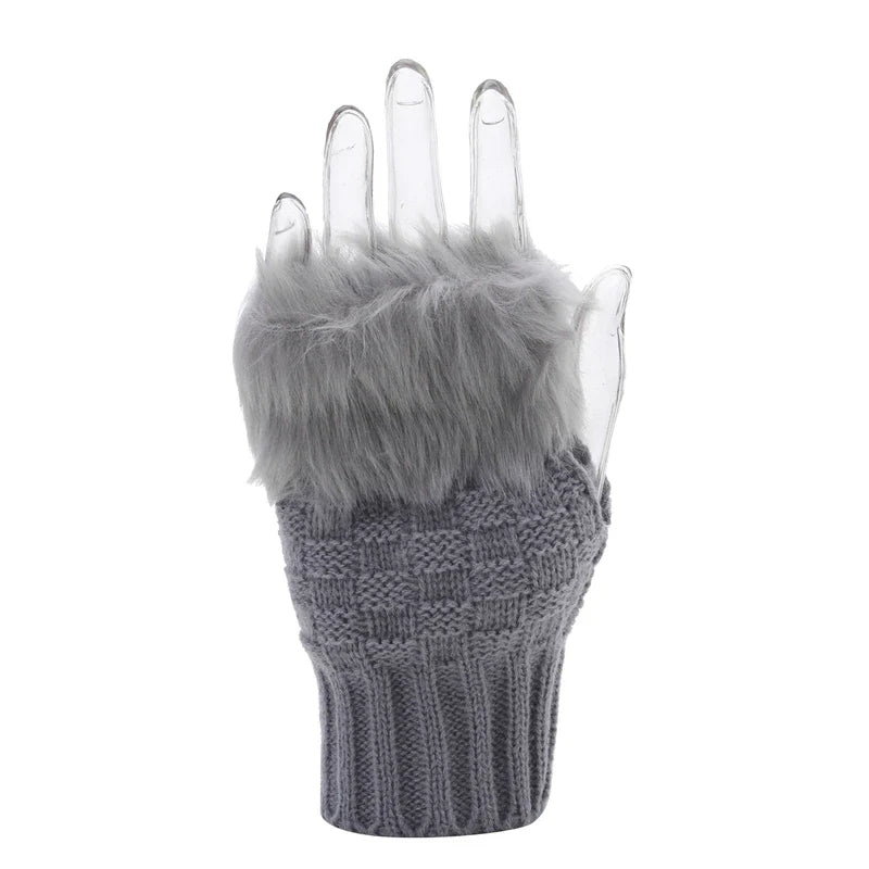 Winter Women Gloves – Soft Wool Knit Fingerless Gloves with Fur | Warm & Stylish Hand Warmers