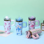 Floral Tumbler with Handle – Insulated Flower Design Cup with Straw