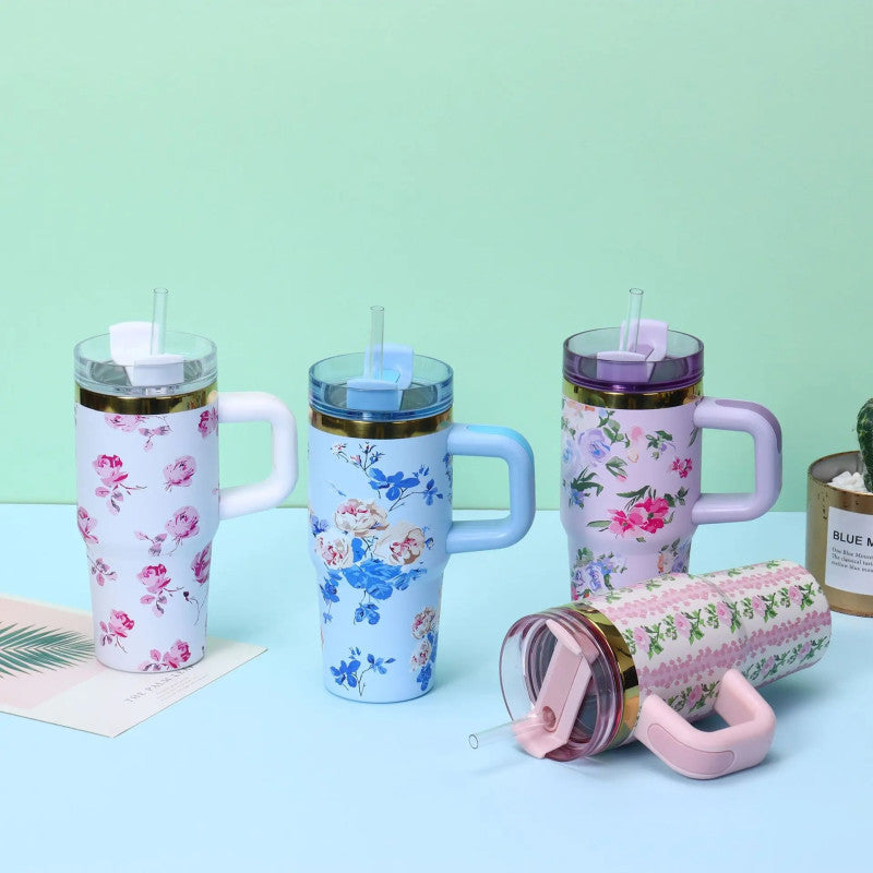 Floral Tumbler with Handle – Insulated Flower Design Cup with Straw