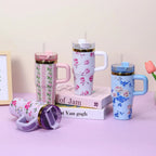 Floral Tumbler with Handle – Insulated Flower Design Cup with Straw