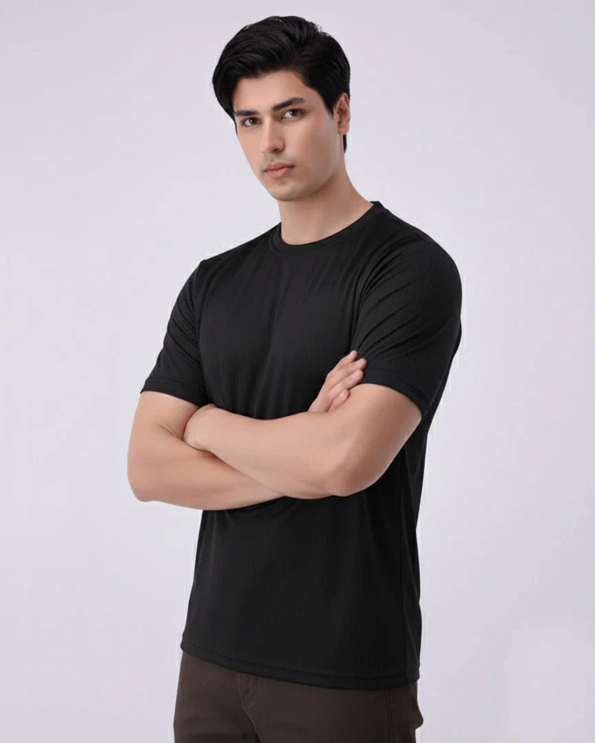 Imported Lycra Textured T-Shirt – Black