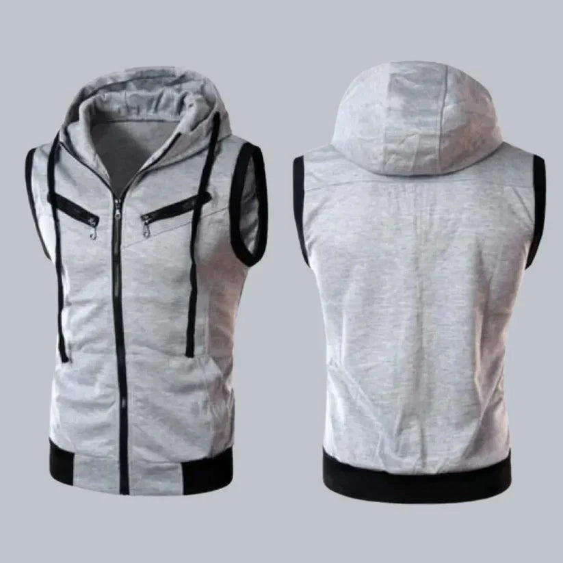 Sleeveless Zipper Hoodie in Gray Color