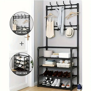 2 in 1 Metal Space Saving Entryway Coat and Shoe Racks Storage Organizer For Home Dorms and Apartments