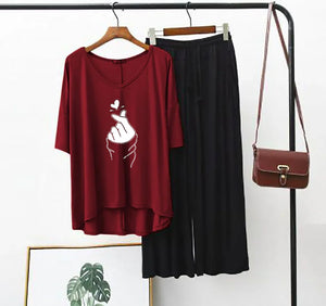 Plain Red K-Pop Heart V-Neck T-Shirt with Black Plazzo PJ Set