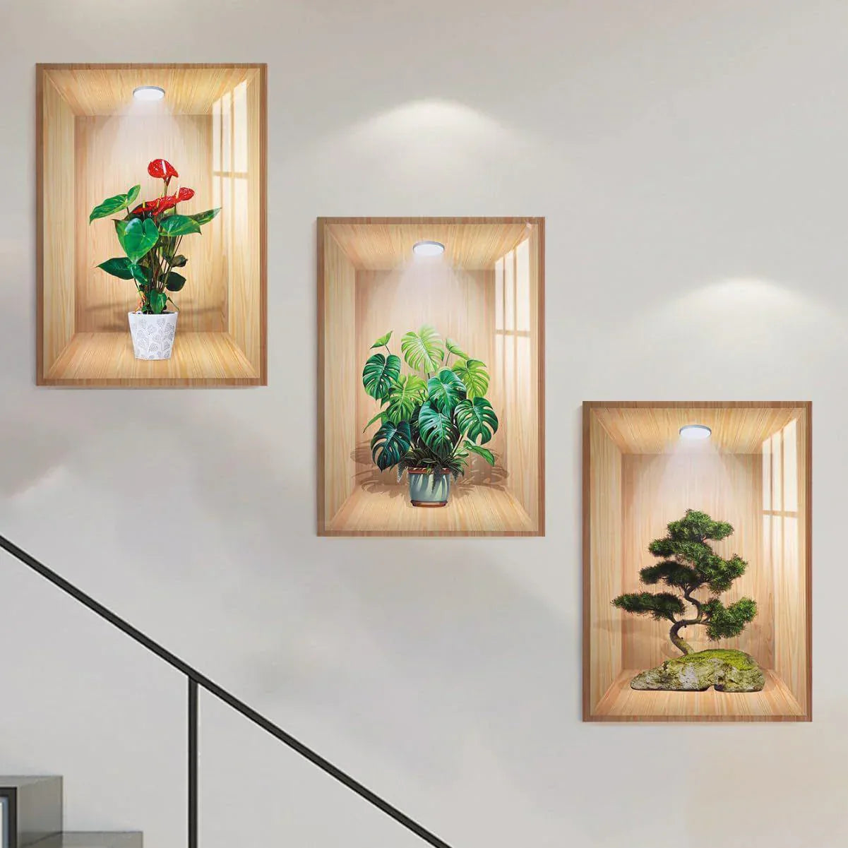 New Year Sale - 3D Plant Wall Stickers look like real decorative wall niches with plant vase and soft spotlight