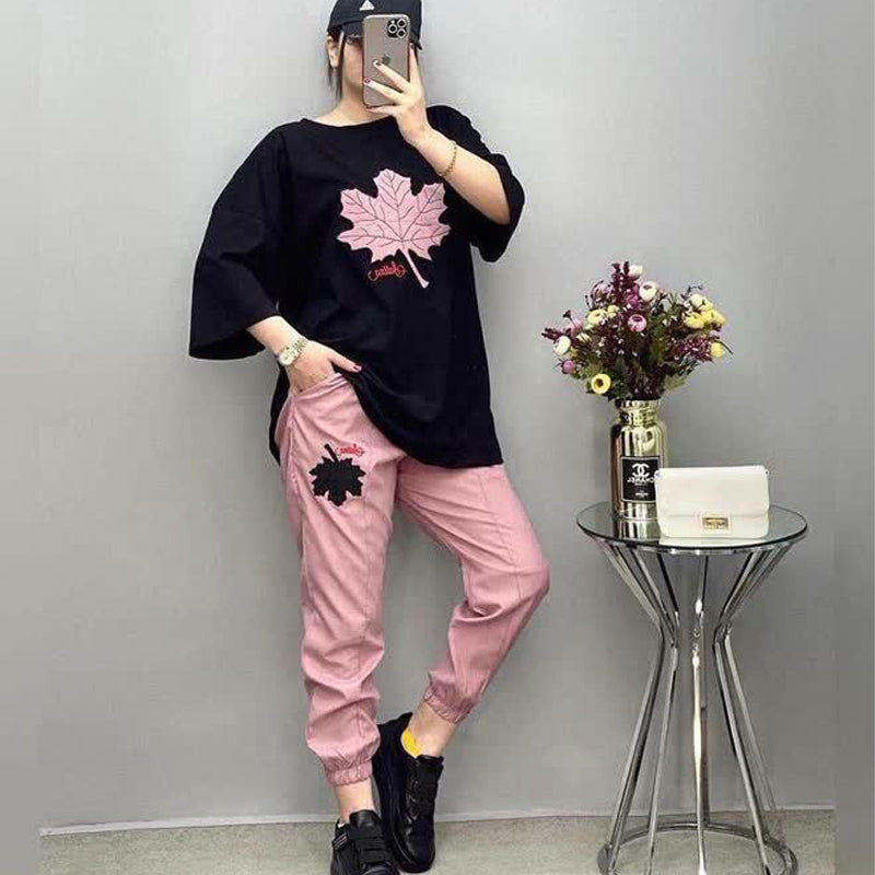 Plain Black with Pink Track Suit – Round Neck Half Sleeves T-Shirt and Trouser Suit for Women