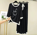Black Smiley Face White Round Neck Plazzo PJ Set