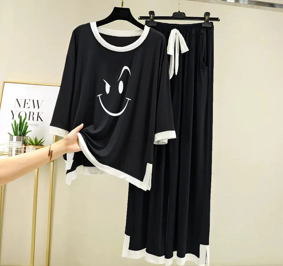 Black Smiley Face White Round Neck Plazzo PJ Set