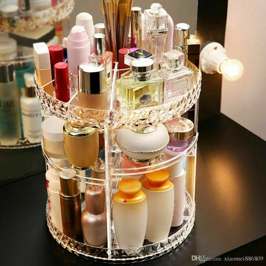 Makeup Organizer 360-Degree Rotating Cosmetic Storage Box with Adjustable & Large Capacity in Diamond Pattern
