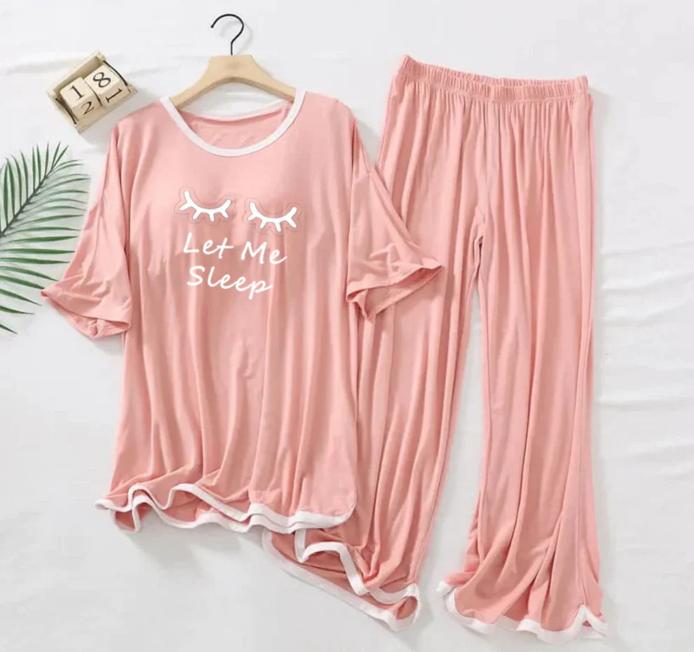 Rose Pink “Let Me Sleep” Half Sleeves Plazzo PJ Set
