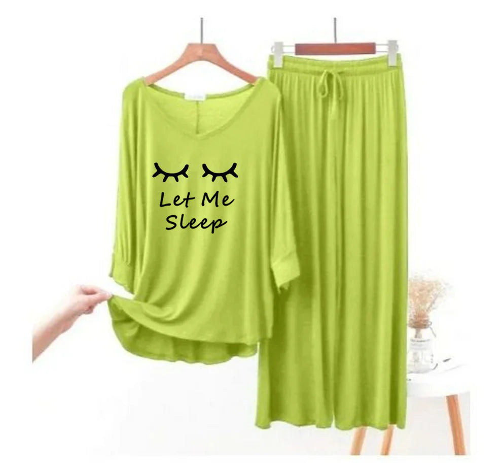 Lemon Green “Let Me Sleep” V-Neck Women Night Suit PJ Set