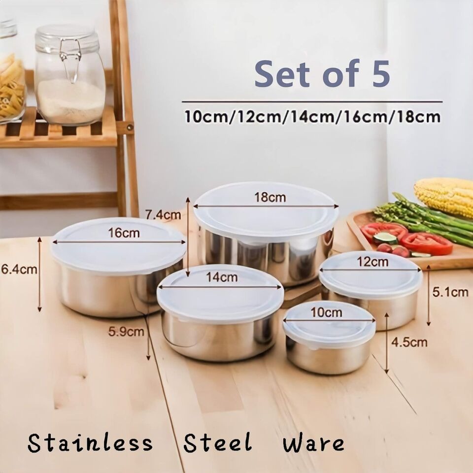 Fresh Box Set of 5 Stainless Steel Food Storage Containers with Airtight Lids