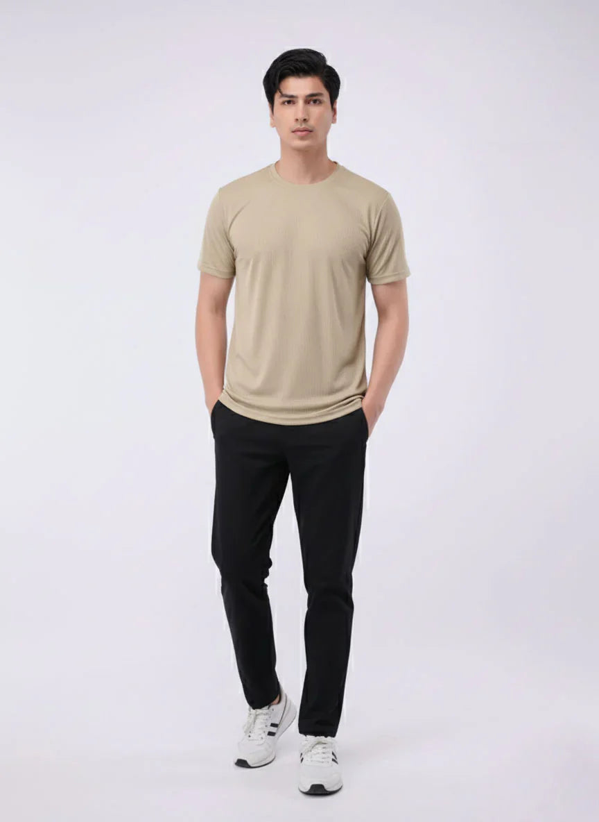 Imported Lycra Textured T-Shirt – Sand Beige