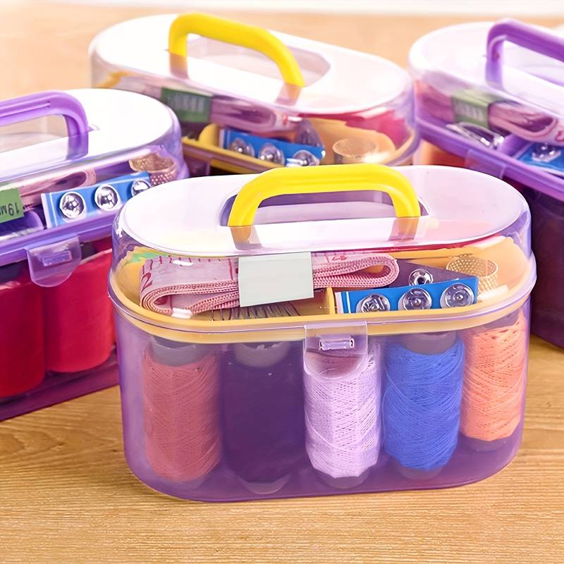 Portable Sewing Kit Storage Box with Handle Durable Plastic Organizer for Threads Needles and Accessories