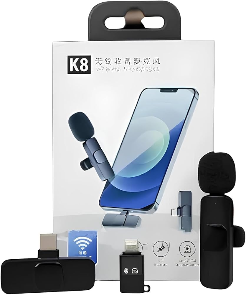 K8 Wireless Portable Universal Microphone High Quality Clear Voice Built-In Noise Reduction Chip and Easy Plug Play with Mini Collar Clip for Mobile Phone