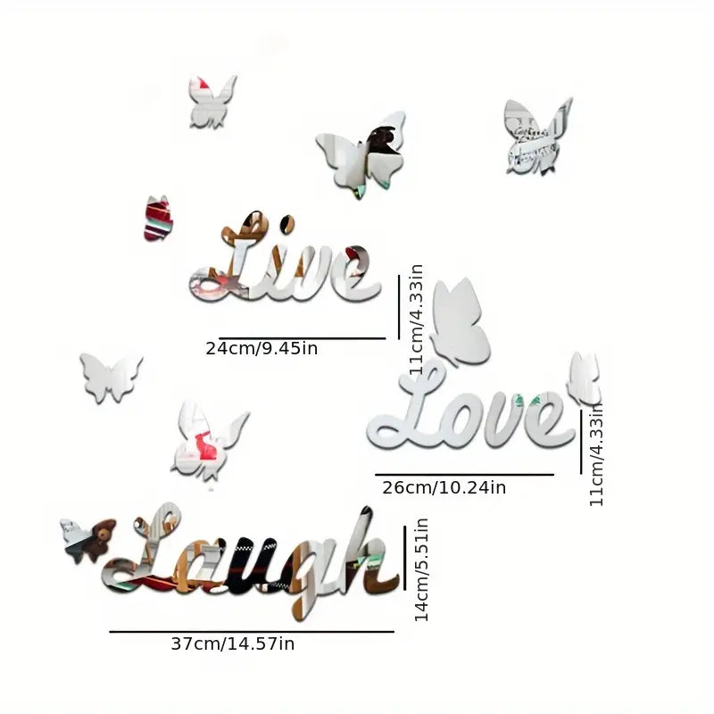 Three Dimensional 3D Letters Love Live Laugh with Butterfly Self Adhesive Mirror Wall Decals Stickers Set For Home Decoration