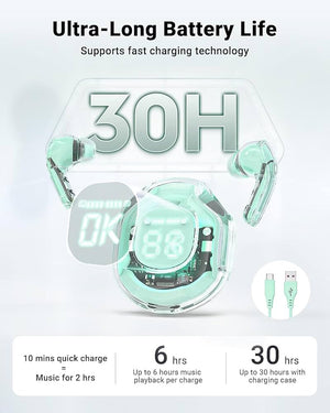Air39 Wireless Earbuds With Crystal Clear Sound, Bluetooth 5.3, Transparent Case, Heavy Bass Stereo Sound