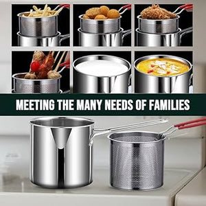 Multi Functional Stainless Steel Rust Resistant 1200ML Deep Fryer Pot with Strainer Basket and Long Handle Kitchen Oil Frying Pot Kettle for Home Use