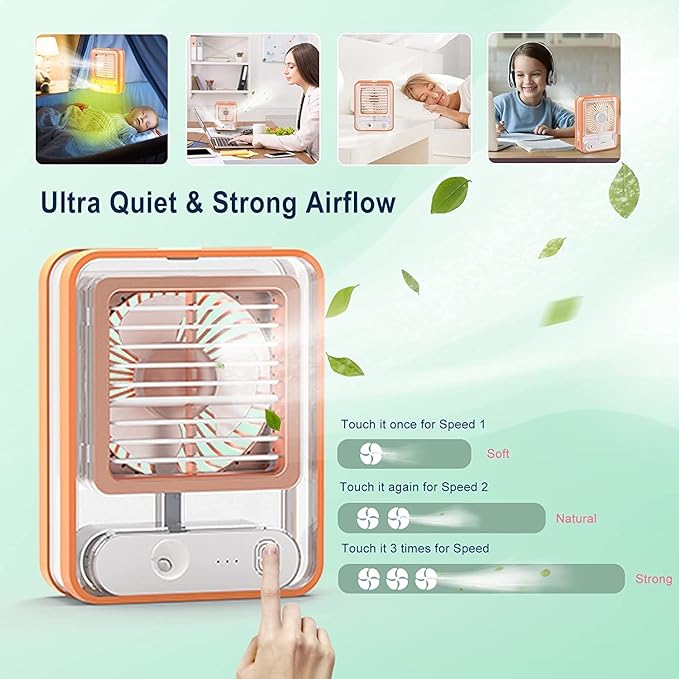 Portable Usb Rechargeable Air Conditioner Fan with 500 ml Water Tank with Mini Humidifier Fan and 7 Colors LED Light, 3 Timer, 3 Wind Speeds, 3 Spray Modes for Office & Home