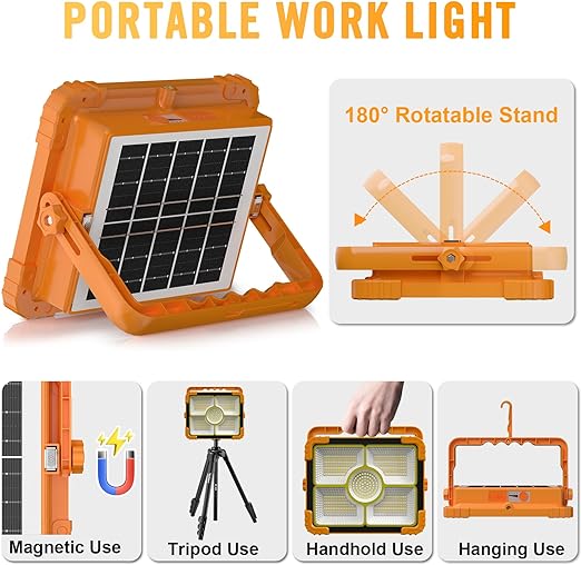 Heavy Duty Portable 100W Rechargeable Work Light with Solar Panel and 5 Modes IP66 Waterproof for Fishing Hiking Repairing