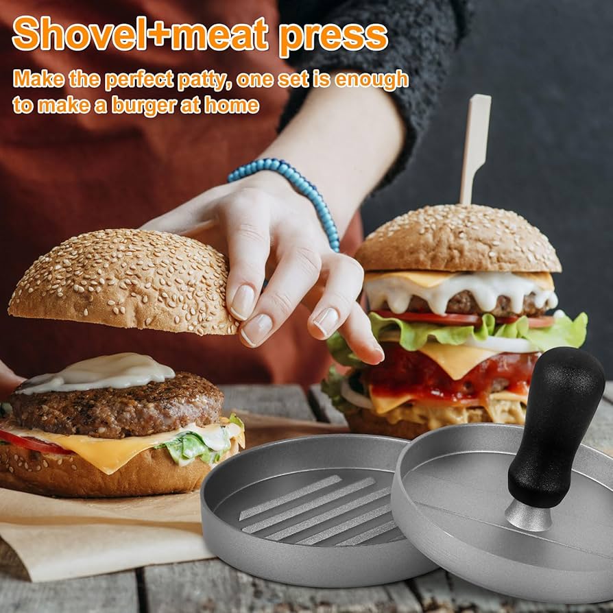 Non Stick Metal Patty Kabab Maker with Press and Wooden Handle Ideal for Perfect Burgers and Breakfast Pancakes Essential Kitchen Tool