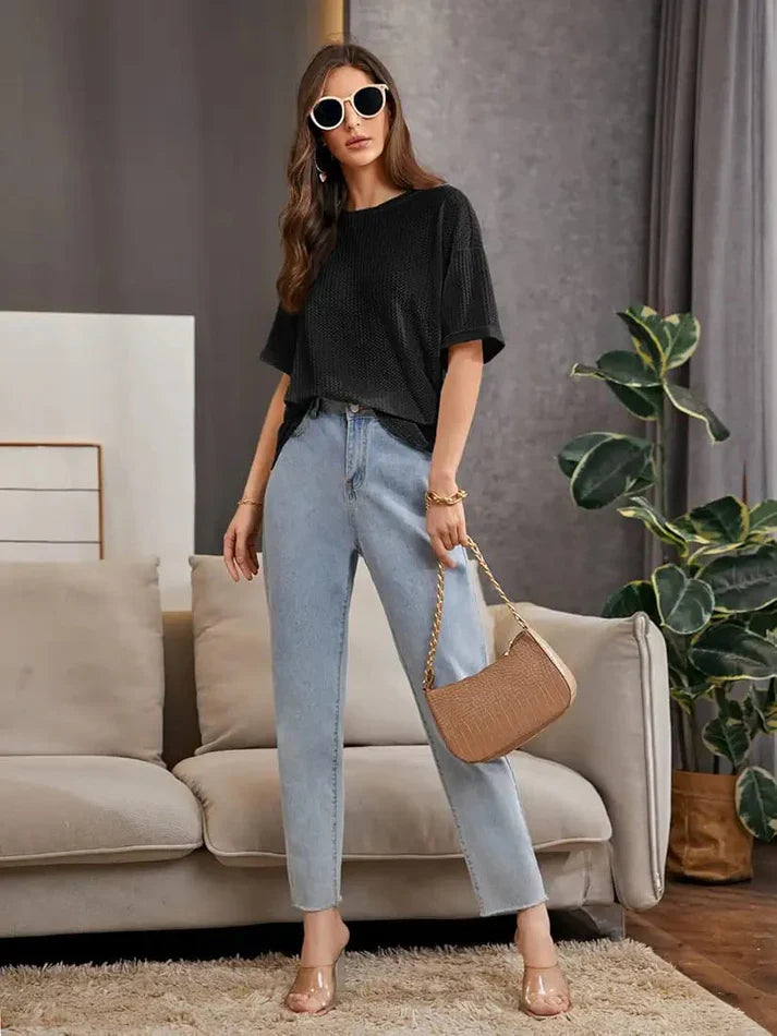 Premium Oversized Waffle Knitted Tee – Black