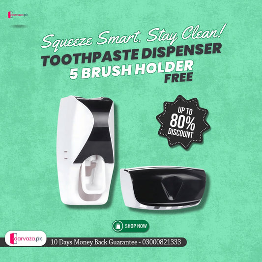 Automatic Toothpaste Dispenser Squeezer Hands Free Set and 5 Toothbrush Holder