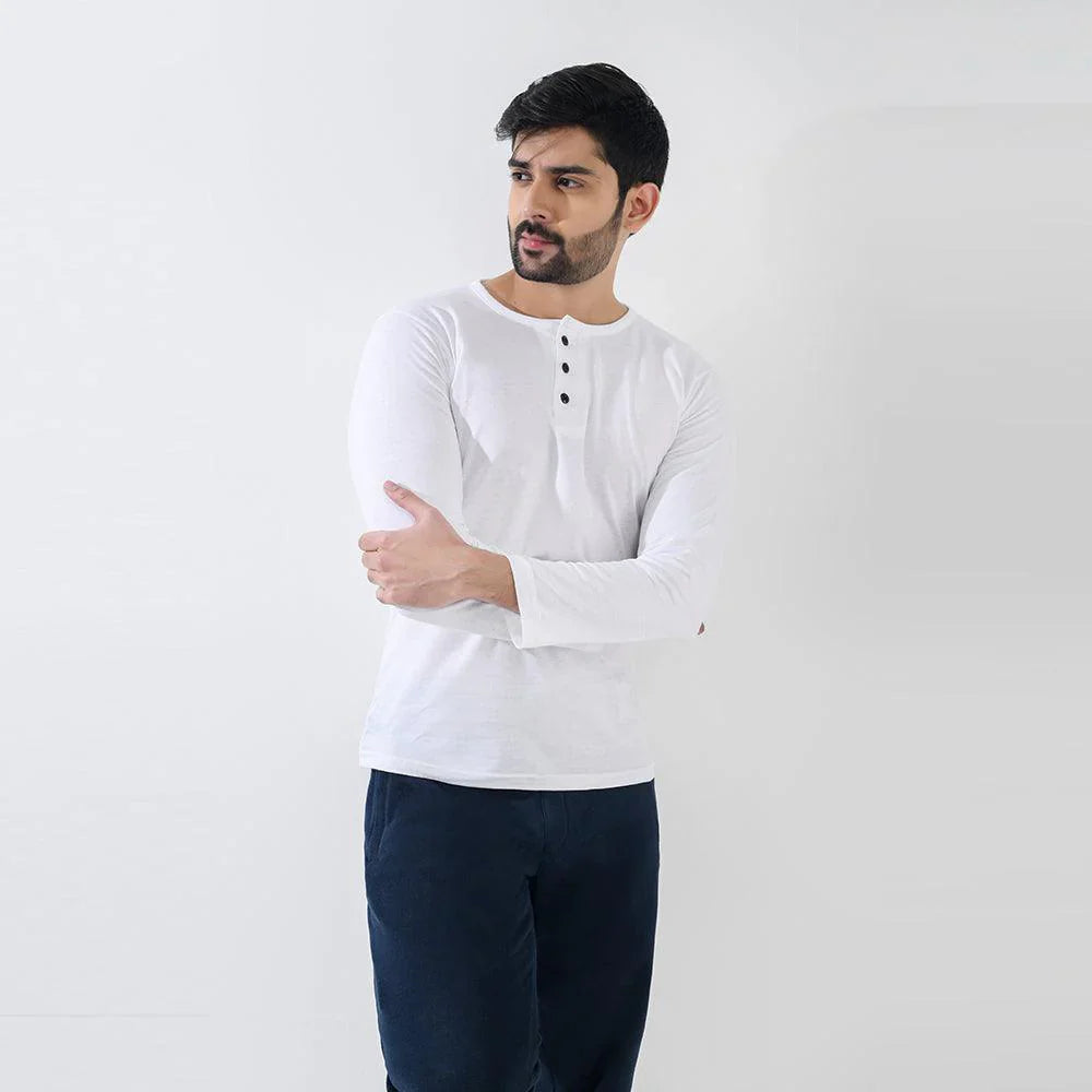 White Henley Full Sleeves T-Shirt