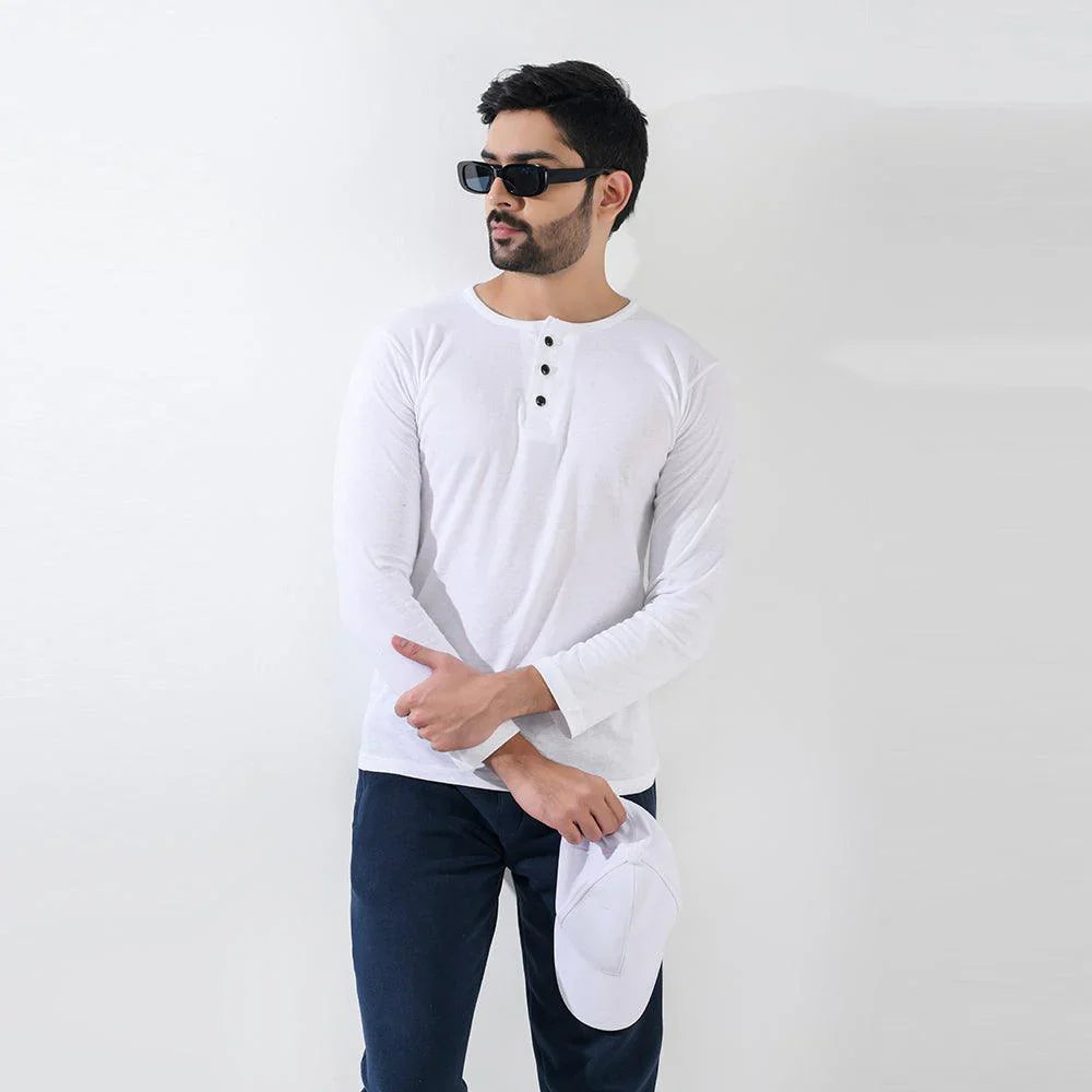 White Henley Full Sleeves T-Shirt