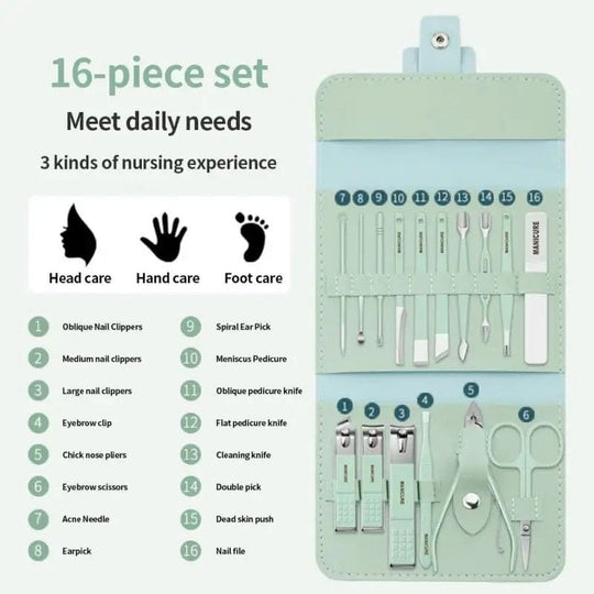 Stainless Steel Professional Manicure Pedicure Grooming Nail Clipper Kit Set For Women (16 Pcs)