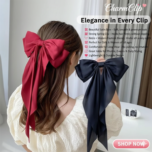 Pack of 2 Elegant Bow Ribbon Hair Clip Fashion Simple Solid Satin Spring Clip Hair Pin Retro Headband with Clips Girls Hair Accessories