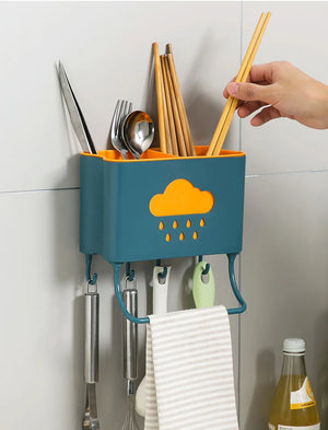 Kitchen Cloud Shelf Wall Mounted Cutlery Drainer Rack With 4 Hooks &amp; Towel Holder for Kitchen