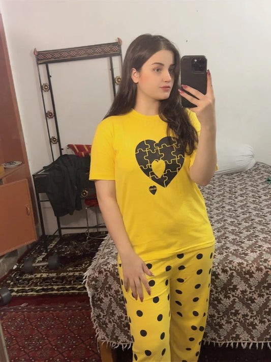 Yellow Puzzle Heart Night Suit