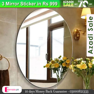 Azaadi Sale Offer 3 Pcs FlexibleSelf Adhesive Oval Shape Mirror Sticker (3 Pcs)