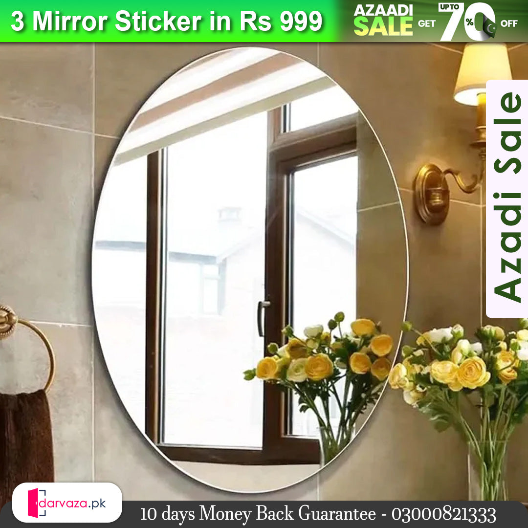 Azaadi Sale Offer 3 Pcs FlexibleSelf Adhesive Oval Shape Mirror Sticker (3 Pcs)