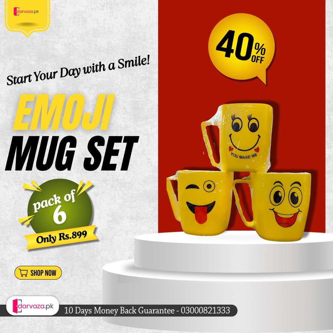 Pack of 6 Yellow Smile Emoji Plastic Mug Set