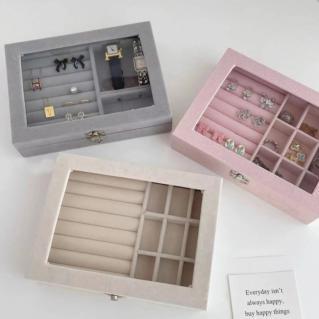 Velvet Glass Ring Earring Jewelry Display Organizer Box