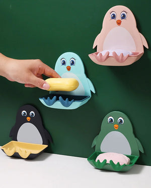 2 Pcs Wall-Mounted Soap Holder with Hook in Cute Penguins Shape Punch Free for Bathroom