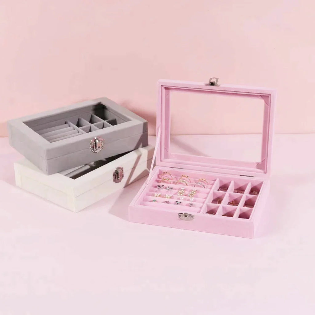 Velvet Glass Ring Earring Jewelry Display Organizer Box