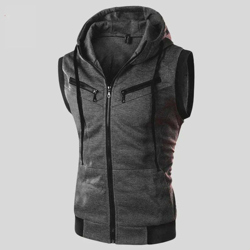 Sleeveless Zipper Hoodie in Charcoal Dark Gray Color