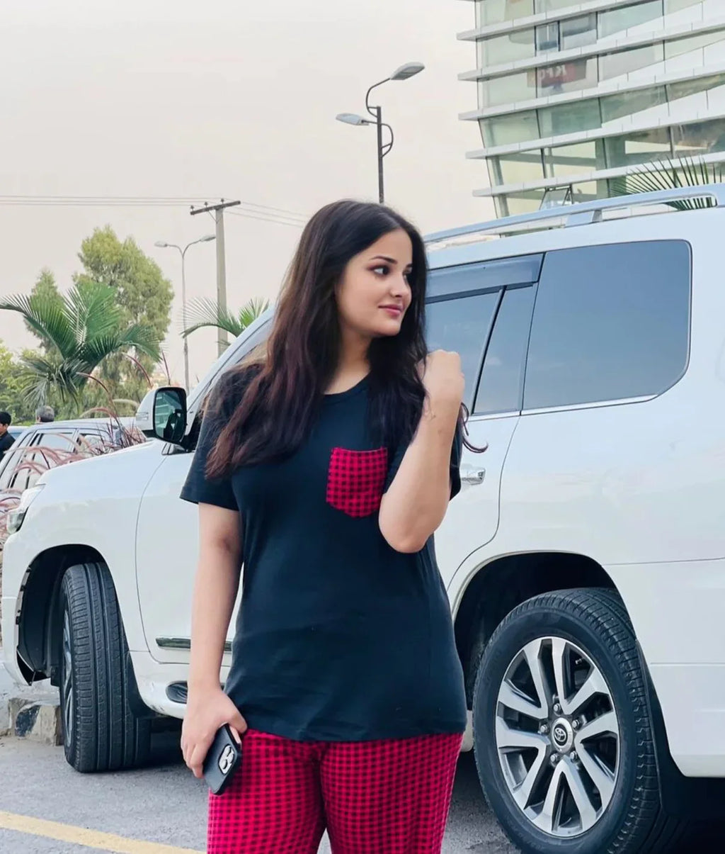 Black and Red Check Style Night Suit